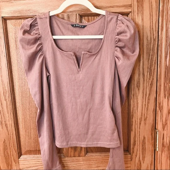NWOT SHEIN Dusty Rose Notch Neck Gigot Sleeve Rib-Knit Tee Size S - Picture 5 of 9